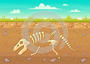 Cartoon reptile bones ground. Archeology buried bones game underground, dinosaur skeleton in soil layers vector