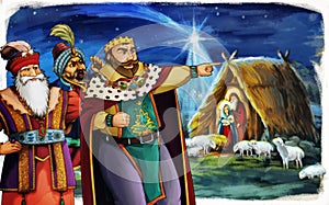 Cartoon rerigious illustration with three kings and the holy family traditional scene