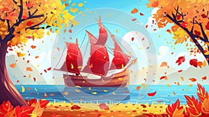 This is a cartoon retro boat with red sails in the sea, viewed from an autumn park with yellow trees displaying