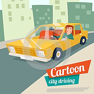 Cartoon retro car city driving street backgorund