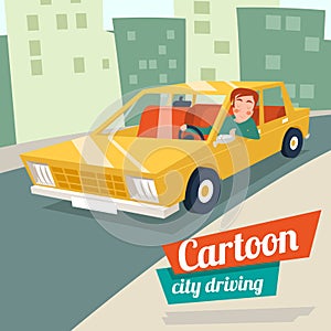 Cartoon retro car city driving street backgorund photo