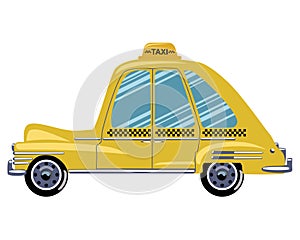 Cartoon retro car taxi. Vector illustration of a yellow taxi. Drawing for children.