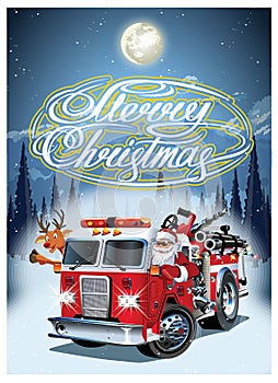 Cartoon retro Christmas poster with firetruck and Santa Claus