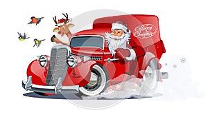 Cartoon retro Christmas van isolated on white background