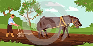 Cartoon retro countryside scene with farmer and animals working to cultivate organic grain, old agriculture technology