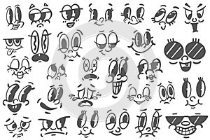 Cartoon retro faces. Comic cute mascot set with funny smiling and angry expressions. Old 50s caricature characters