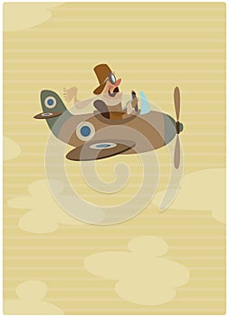 Cartoon retro pilot aviator on his vintage airplane on flight
