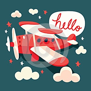 Cartoon Retro Plane Hello Greeting