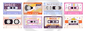 Cartoon retro tape audio cassette. Stereo music 90s 80s style. Vintage rock and jazz, old mixtape sounds. Analogue