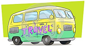 Cartoon retro van bus with text label Travel