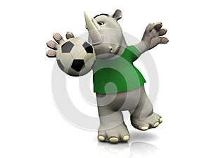 Cartoon rhino catching soccer ball.