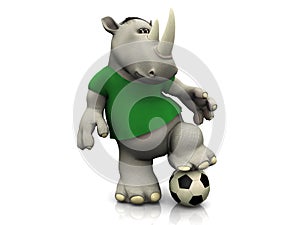 Cartoon rhino posing with soccer ball.