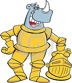 Cartoon rhino wearing a suit of armor.
