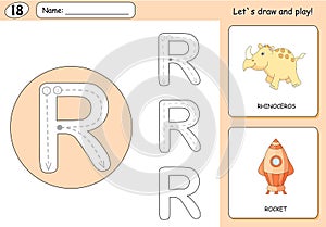 Cartoon rhinoceros and rocket. Alphabet tracing worksheet