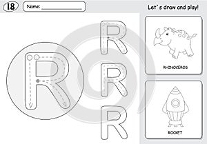 Cartoon rhinoceros and rocket. Alphabet tracing worksheet: writing A-Z and educational game for kids