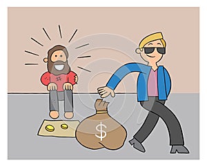 Cartoon rich man giving homeless man a sack of dollars, vector illustration