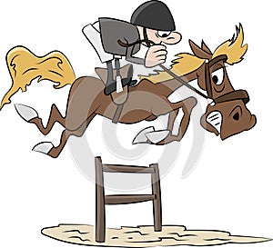 Cartoon rider jumping with his horse in an equestrian show jumping competition vector illustration