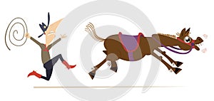 Cartoon rider lassoes a horse isolated illustration