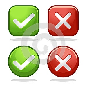 cartoon right and wrong 3D Button. A set of glossy round icons with a check mark, a sign of the cross. 3d minimalist style.