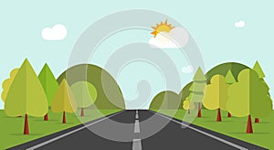 Cartoon road across green forest hills, mountains, nature landscape, highway