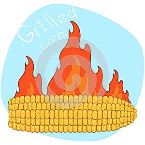 Cartoon the roasted corn. Vector illustration of barbecue corn on a background of fire.