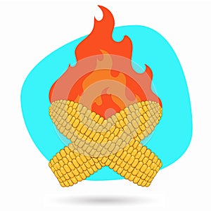 Cartoon the roasted corn. Vector illustration of barbecue corn on a background of fire.