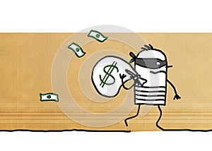 Cartoon robber running away with dollar pack