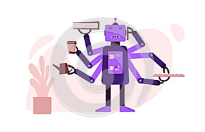 Cartoon robot with AI on work at office vector flat illustration