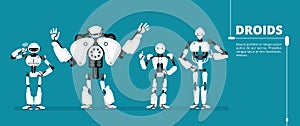 Cartoon robot android, cyborg group. Artificial intelligence vector futuristic background