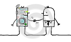 Cartoon Robot and Businessman meeting and Shaking Hands