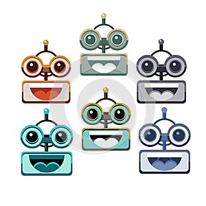 Cartoon Robot Face Smiling Cute Emotion Open Mouth Chat Bot Icon Set