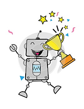 Cartoon Robot holding Trophy