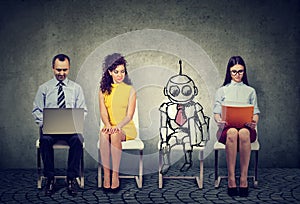 Cartoon robot sitting in line with human applicants for a job interview