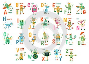 Cartoon robots alphabet. Funny robot characters, ABC letters for kids and education poster with robotic friend mascots