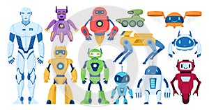 Cartoon robots, cartoon personal assistants and chatbots. Modern digital cyborgs, robotic drones mascots flat vector symbols