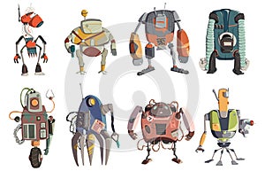 Cartoon robots characters set. Technology, future. Artificial intelligence design concept. Isolated on white background.