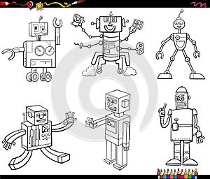 Cartoon robots and droids characters set coloring book page