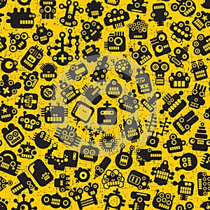 Cartoon robots faces seamless pattern on yellow.