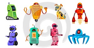 Cartoon robots. Robotics bots, robot pet and robotic android bot characters technology vector illustration set