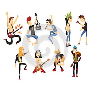 Cartoon rock artists characters singing and playing on musical instruments. Guys with colorful haircuts. Guitarists and