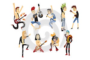 Cartoon rock artists characters singing and playing on musical instruments. Guys with colorful haircuts. Guitarists and