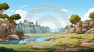 Cartoon Rock Landscape With River And Trees photo