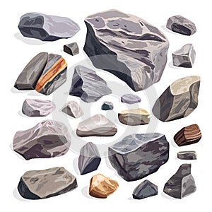 Cartoon rock stones. Grey graphite rocks heap, granite stones, mountain rock stone pile flat vector illustration set. Boulder