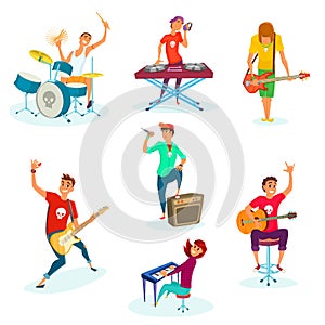 Cartoon rock teenage band set. Isolated on white. Young musicians characters