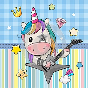 Cartoon rock unicorn with a guitar on a blue background