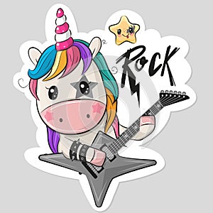 Cartoon rock unicorn with a guitar on a white background