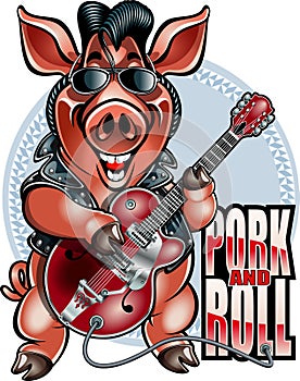 Cartoon rockabilly pig playing rock and roll on a electric guitar