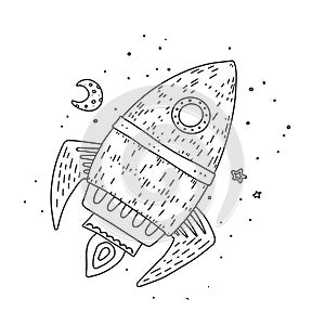 Cartoon rocket hand drawn outline illustration. Cute space shuttle clipart. Doodle spaceship. Spacecraft print. Space