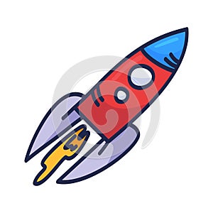 Cartoon rocket hand drawn outline illustration. Cute space shuttle clipart. Doodle spaceship. Spacecraft print. Space