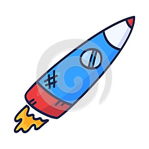 Cartoon rocket hand drawn outline illustration. Cute space shuttle clipart. Doodle spaceship. Spacecraft print. Space